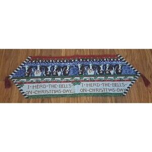 Tapestry Christmas Table Runner Country Cows I Herd The Bells Tassels 35x12
